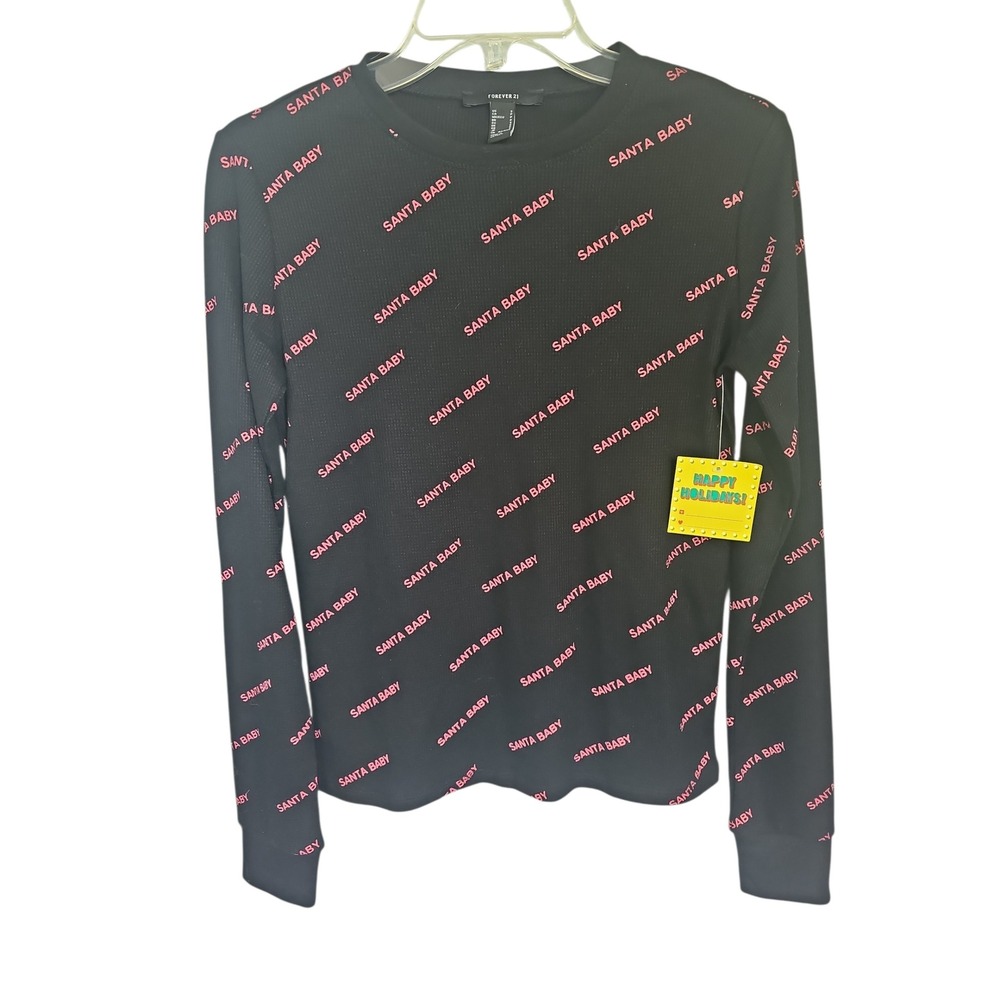 Forever 21 Thermal Top Santa Baby Black Hot Pink Waffle Knit Black Women Small